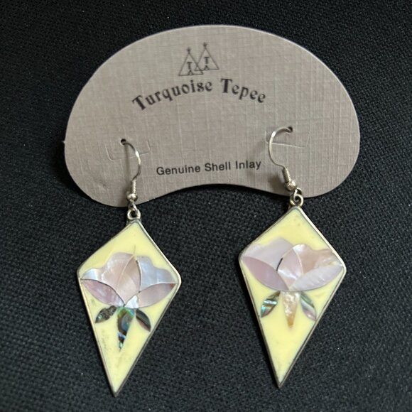Vintage Mexico Alpaca Silver shell Inlay Abalone hook Earrings pink flowers - Picture 2 of 9